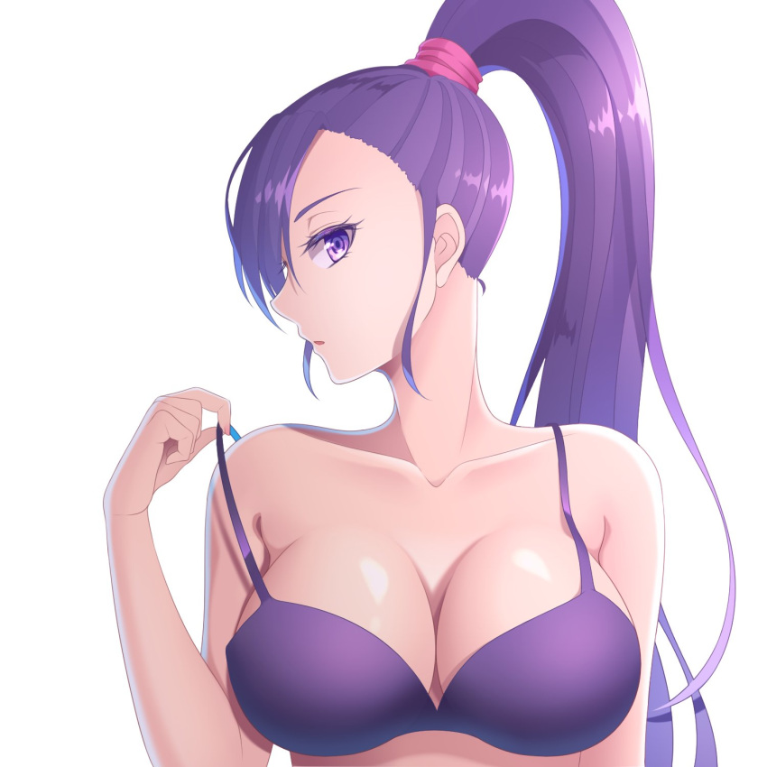 1girl bare_shoulders bra breasts cleavage collarbone dragon_quest dragon_quest_xi eyelashes fujimura_hinami hand_up high_ponytail highres large_breasts long_hair martina_(dq11) open_mouth pulled_by_self purple_bra purple_hair simple_background solo strap_pull underwear upper_body very_long_hair violet_eyes white_background