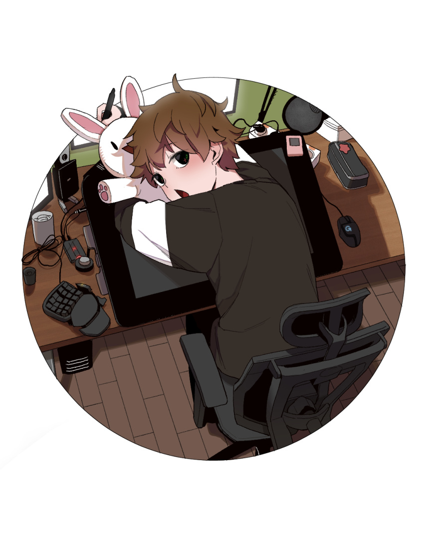 androgynous black_eyes black_shirt brown_hair computer dadamu_(iru) desk from_above highres hip indoors inside leaning_forward long_sleeves looking_back monitor mouse_(computer) open_mouth original rolling_chair shirt solo speaker stuffed_animal stuffed_bunny stuffed_toy stylus tablet