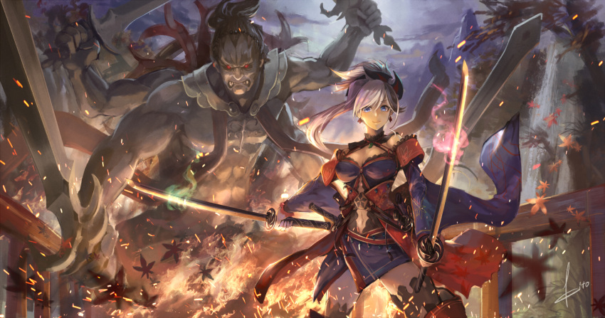 1girl blue_eyes bow breasts burning cleavage clouds commentary_request demon dual_wielding fangs fate/grand_order fate_(series) fire flower hair_between_eyes hair_bow holding holding_sword holding_weapon horns japanese_clothes kimono kito_(kito2) large_breasts miyamoto_musashi_(fate/grand_order) multiple_arms navel pink_hair ponytail short_kimono sleeveless sleeveless_kimono smile sword thigh-highs weapon