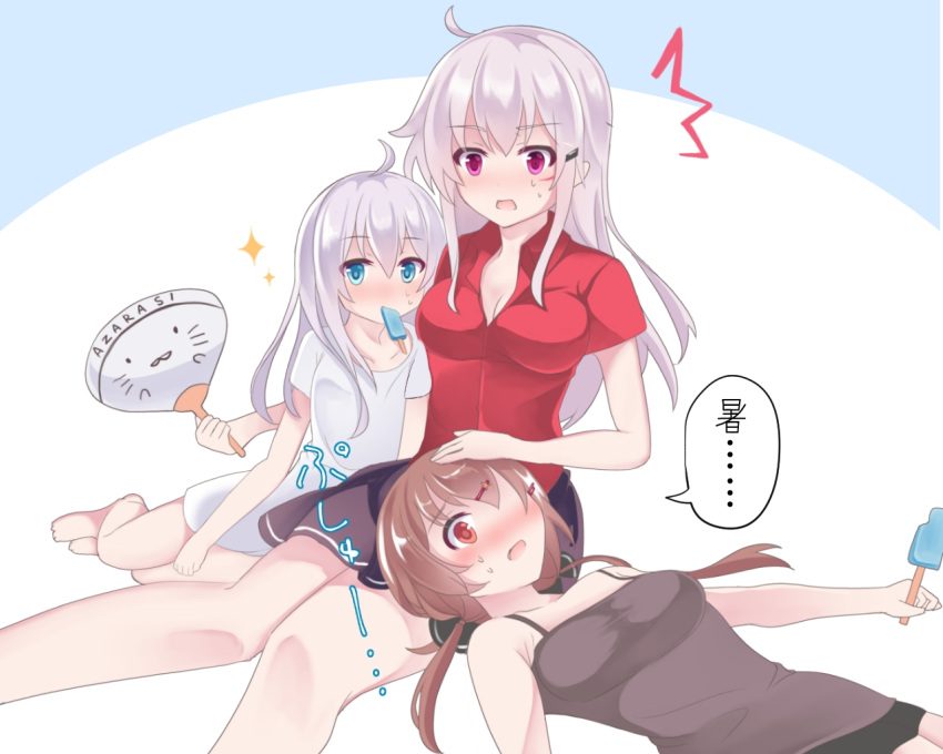 3girls black_skirt blue_eyes blush breasts brown_eyes eyebrows_visible_through_hair facial_scar fathom food gangut_(kantai_collection) grey_hair hair_between_eyes hibiki_(kantai_collection) ice_cream kantai_collection long_hair looking_at_viewer medium_breasts miniskirt multiple_girls open_clothes open_mouth red_eyes red_shirt remodel_(kantai_collection) scar scar_on_cheek shirt shorts silver_hair skirt sleepwear small_breasts tashkent_(kantai_collection) twintails verniy_(kantai_collection) violet_eyes