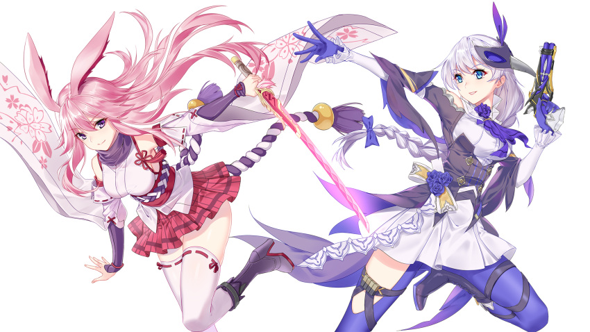 2girls 5plus animal_ears bangs benghuai_xueyuan blue_eyes blue_gloves blue_legwear boots braid breasts detached_sleeves dress eyebrows_visible_through_hair gloves gun hair_ornament hair_ribbon highres holding holding_gun holding_sword holding_weapon honkai_impact japanese_clothes kallen_kaslana katana kimono large_breasts long_hair looking_at_viewer multiple_girls nontraditional_miko obi pink_hair pink_skirt pleated_skirt rabbit_ears ribbon ribbon-trimmed_legwear ribbon_trim sash short_kimono silver_hair simple_background single_braid skindentation skirt smile sword thigh-highs thighs tied_hair violet_eyes weapon white_background white_dress white_kimono white_legwear wide_sleeves yae_sakura_(benghuai_xueyuan) zettai_ryouiki