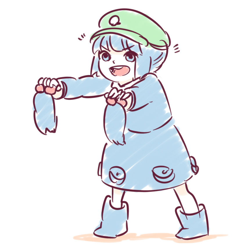 1girl blue_eyes blue_hair boots eyebrows_visible_through_hair hair_bobbles hair_ornament hat highres holding holding_hair kawashiro_nitori key open_mouth pocket rubber_boots simple_background sketch smile solo standing touhou two_side_up white_background yoruny younger