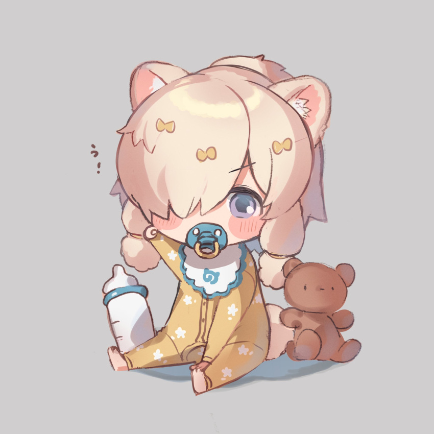 1girl alpaca_ears alpaca_girl alpaca_suri_(kemono_friends) alpaca_tail animal_ears baby bib blue_eyes blush bottle commentary_request eyebrows_visible_through_hair floral_print hair_over_one_eye hair_tubes highres japari_symbol kemono_friends milk_bottle noamem onesie pacifier pajamas short_hair solo stuffed_animal stuffed_toy tail teddy_bear white_hair yellow_pajamas younger