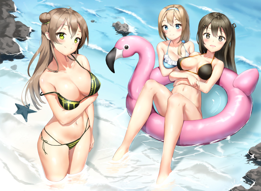 3girls absurdres bikini blue_eyes blush breasts brown_eyes brown_hair cleavage girls_frontline green_eyes highres k-2_(girls_frontline) long_hair looking_at_viewer multiple_girls off_shoulder ponytail rfb_(girls_frontline) starfish suomi_kp31_(girls_frontline) swimsuit ym_(pixiv2132273)