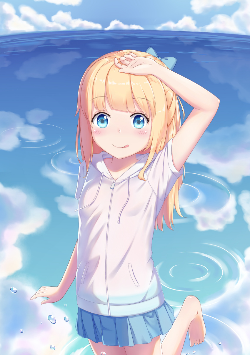 1girl :q absurdres abwan arm_up barefoot blonde_hair blue_bow blue_skirt blue_sky blush bow breasts closed_mouth clouds commentary_request day drawstring hair_bow highres hood hood_down hoodie horizon long_hair ocean original outdoors pleated_skirt short_sleeves skirt sky small_breasts smile solo standing standing_on_one_leg tongue tongue_out water water_drop white_hoodie