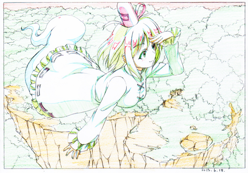 1girl black_border blonde_hair border closed_mouth dated dress flying forest ghost_tail green_dress green_eyes hand_up hat long_sleeves nature outdoors pink_x smile soga_no_tojiko solo touhou