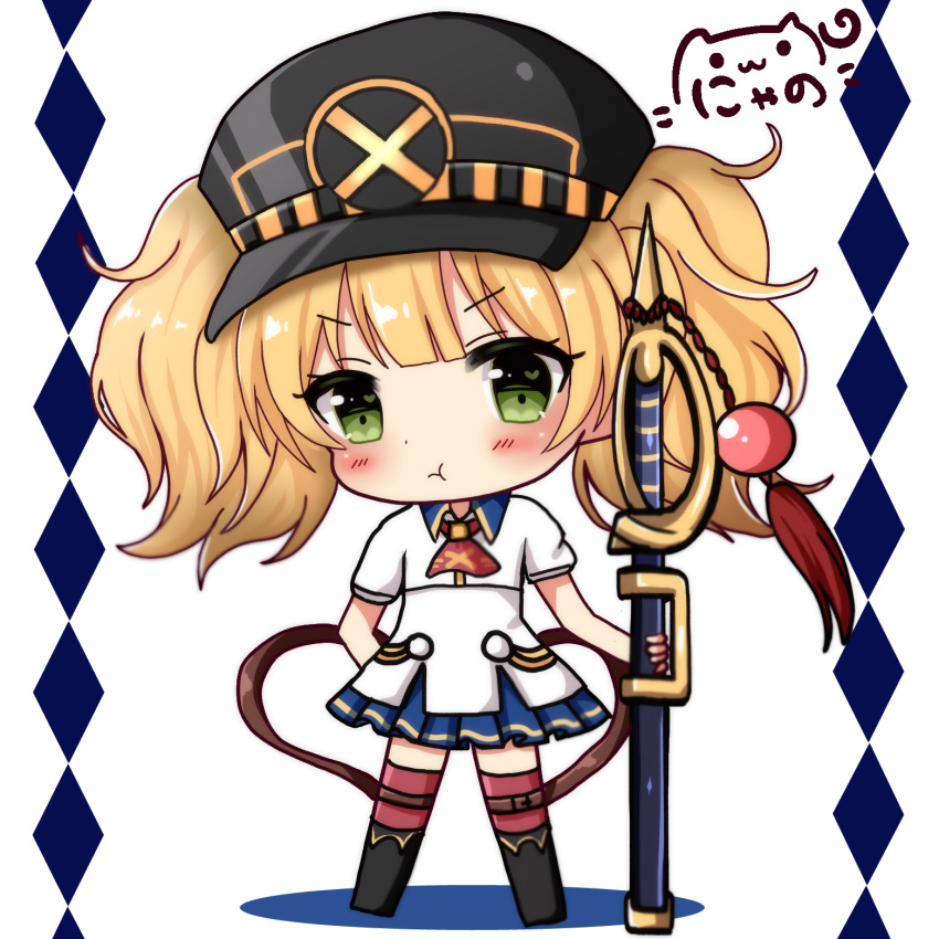 1girl :t ascot bangs black_footwear black_hat blonde_hair blue_skirt blush boots character_request chibi closed_mouth commentary_request eyebrows_visible_through_hair green_eyes hat heart heart_in_eye highres knee_boots military_hat nyano21 peaked_cap pleated_skirt pout princess_connect! princess_connect!_re:dive puffy_short_sleeves puffy_sleeves red_legwear red_neckwear sheath sheathed shirt short_sleeves signature skirt solo standing sword symbol_in_eye thigh-highs thighhighs_under_boots twintails v-shaped_eyebrows weapon white_shirt