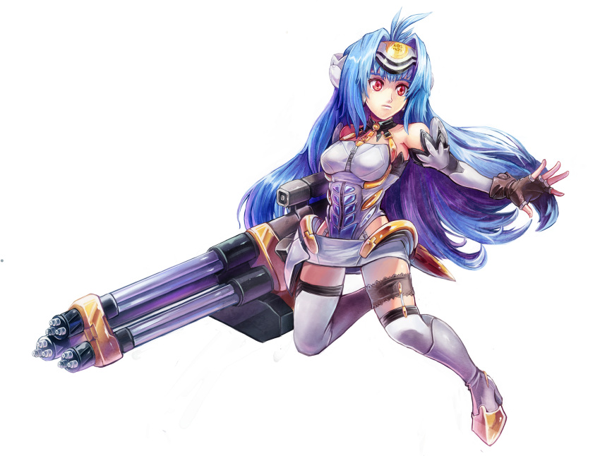 1girl abysswolf android bare_shoulders blue_hair breasts commentary cyborg elbow_gloves expressionless forehead_protector gloves highleg highres kos-mos leotard long_hair red_eyes solo standing swimsuit thigh-highs very_long_hair xenosaga xenosaga_episode_i
