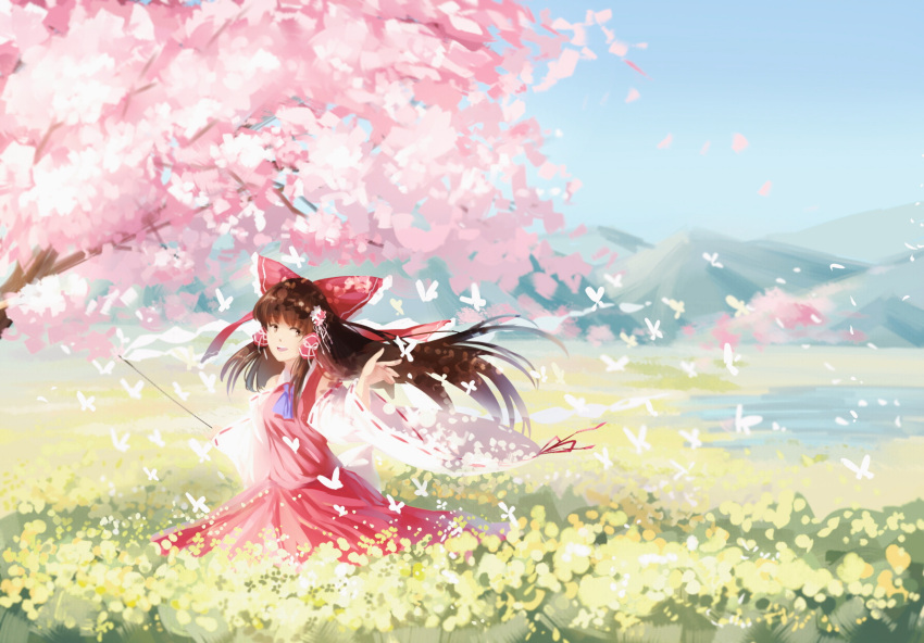 1girl brown_hair bug butterfly cherry_blossoms flower gohei hair_flower hair_ornament hakurei_reimu highres insect long_hair meadow mountain nature smile solo touhou tree yaosan233