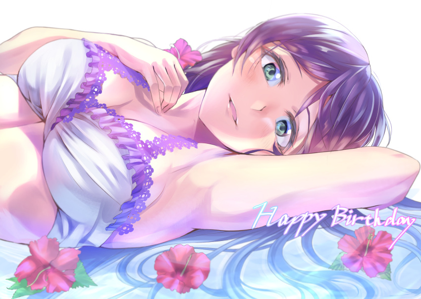 1girl absurdres arm_up armpits bikini breasts cleavage commentary_request flower frilled_bikini frills green_eyes hair_flower hair_ornament hand_on_own_chest happy_birthday highres lace lace-trimmed_bikini long_hair looking_at_viewer love_live! love_live!_school_idol_festival love_live!_school_idol_project lying medium_breasts on_back parted_lips purple_hair shaka_(staito0515) solo swimsuit toujou_nozomi
