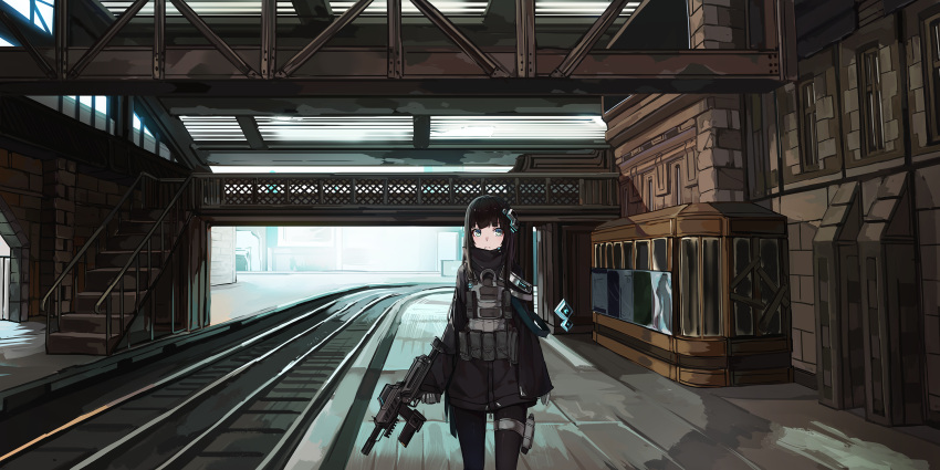 1girl bangs black_hair black_jacket black_legwear blue_eyes closed_mouth commentary_request day eyebrows_visible_through_hair gloves grey_gloves gun hair_ornament highres holding holding_gun holding_weapon indoors jacket long_hair long_sleeves looking_at_viewer mecha_musume natori_youkai original pantyhose railing railroad_tracks sleeves_past_wrists solo stairs standing train_station very_long_hair weapon weapon_request