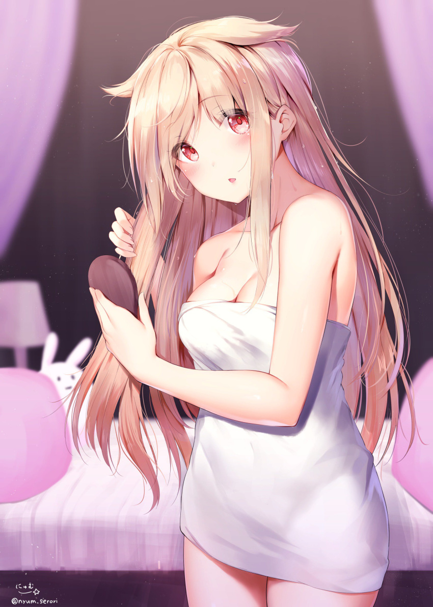 1girl :o absurdres bangs bare_arms bare_shoulders bed blonde_hair blush breasts cleavage collarbone eyebrows_visible_through_hair hair_brushing hair_flaps head_tilt highres holding holding_brush holding_hair indoors kantai_collection light_particles long_hair looking_at_viewer medium_breasts naked_towel nyum open_mouth pillow red_eyes remodel_(kantai_collection) sidelocks signature solo stuffed_animal stuffed_bunny stuffed_toy thighs towel twitter_username water_drop wet wet_hair yuudachi_(kantai_collection)