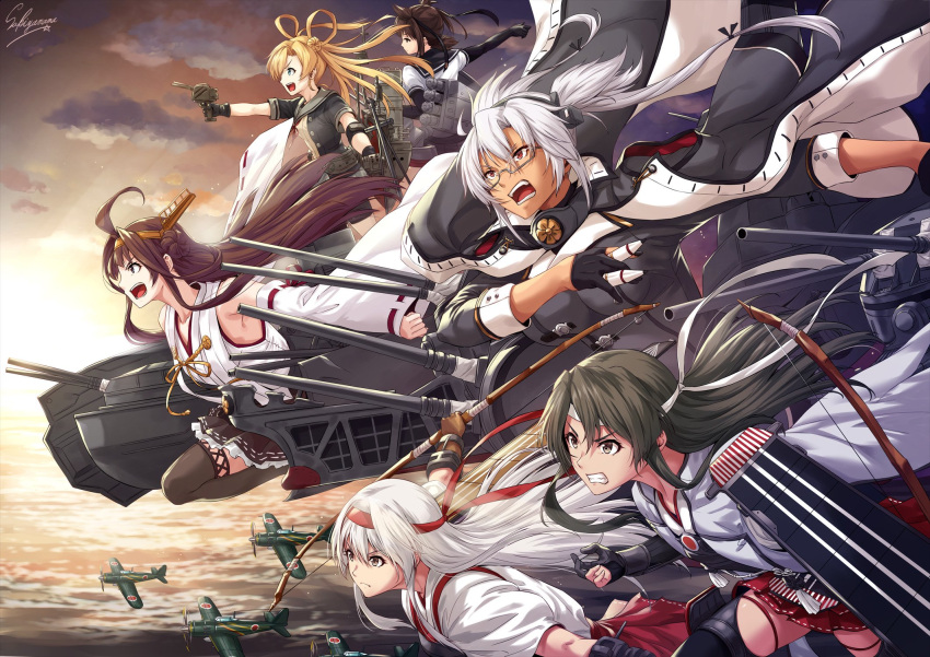6+girls aa_gun abukuma_(kantai_collection) action ahoge aircraft alternate_costume alternate_hairstyle anchor anchor_symbol archery artist_name bangs bare_shoulders between_fingers black_coat black_gloves black_legwear black_neckwear black_ribbon black_skirt blonde_hair blue_eyes blush bodysuit boots bow_(weapon) breasts brown_eyes brown_hair buttons cannon chains clenched_teeth closed_mouth clouds coat corset dark_skin detached_sleeves double_bun dual_wielding elbow_gloves eyebrows fingerless_gloves flight_deck floating_hair frilled_skirt frills full_body glasses gloves green_hair grey_hairband grey_shirt grey_skirt hachimaki hair_between_eyes hair_down hair_intakes hair_ornament hair_ribbon hair_rings hairband hakama_skirt hatsuzuki_(kantai_collection) headband headgear highres hip_vent jacket_on_shoulders japanese_clothes jinbaori kantai_collection kikumon kongou_(kantai_collection) kyuudou large_breasts legs_apart long_hair long_sleeves looking_afar machinery military military_uniform miniskirt mitsubishi_a7m3-j multiple_girls muneate musashi_(kantai_collection) necktie nontraditional_miko open_mouth outdoors overcoat parted_lips partly_fingerless_gloves pleated_skirt quad_tails red_eyes remodel_(kantai_collection) ribbon ribbon-trimmed_clothes ribbon-trimmed_skirt ribbon-trimmed_sleeves ribbon_trim rigging rimless_eyewear running sakiyamama sash school_uniform serafuku shirt short_hair short_sleeves shoukaku_(kantai_collection) sidelocks silver_hair single_glove skirt sleeve_cuffs sleeveless sleeveless_coat small_breasts sunset teeth thigh-highs thigh_boots torpedo turbine turret turrets turtleneck twintails uniform weapon white_hair wind wind_lift yugake zettai_ryouiki zuikaku_(kantai_collection)