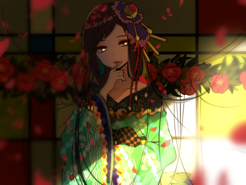 1girl blurry blurry_background brown_hair depth_of_field eyeshadow green_kimono hair_ornament hairpin hand_on_own_chin hand_up highres japanese_clothes kimono long_hair long_sleeves looking_to_the_side makeup merc_storia obi parted_lips sash sogawa solo upper_body wide_sleeves yellow_eyes