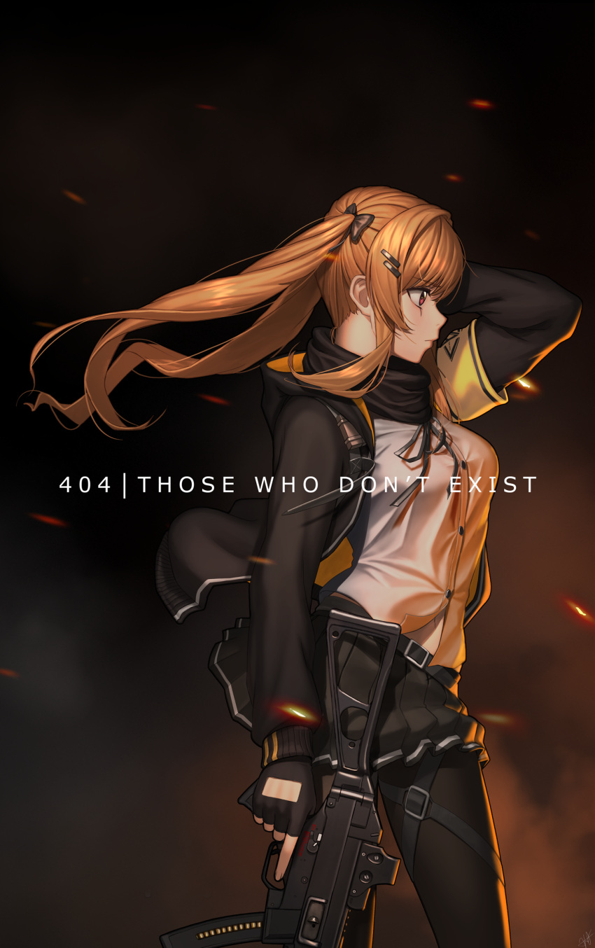 1girl ahd armband bangs black_gloves black_jacket black_scarf blush breasts brown_eyes brown_hair closed_mouth eyebrows_visible_through_hair fingerless_gloves floating_hair from_side girls_frontline gloves gun h&amp;k_ump h&amp;k_ump9 hair_ornament hairclip hand_in_hair heckler_&amp;_koch highres holding holding_gun holding_weapon hood hood_down hooded_jacket jacket long_hair looking_afar medium_breasts neck_ribbon pantyhose pleated_skirt ribbon scarf shirt signature skirt solo submachine_gun text_focus thigh_strap trigger_discipline twintails ump9_(girls_frontline) weapon white_shirt wind wind_lift