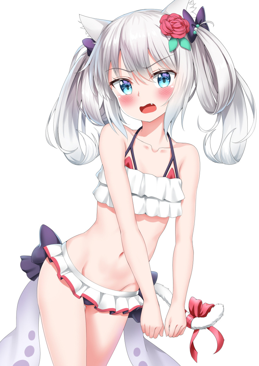 1girl absurdres animal_ears azur_lane bikini black_bow blue_eyes blush bow cat_ears cat_tail embarrassed eyebrows_visible_through_hair fang flower folded_hair frilled_bikini frills grey_hair hair_bow hair_flower hair_ornament hammann_(azur_lane) highres navel nedia_(nedia_region) open_mouth purple_bow red_bikini red_bow red_flower red_ribbon red_rose ribbon rose simple_background solo swimsuit tail twintails white_background