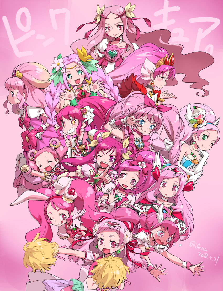 6+girls :d ;d ;q aino_megumi akagi_towa back_bow blonde_hair blue_eyes bow braid chieri_(go!_princess_precure) choker closed_eyes closed_mouth collarbone color_connection cure_blossom cure_dream cure_felice cure_flower cure_happy cure_lovely cure_melody cure_parfait cure_passion cure_pekorin cure_scarlet cure_whip cure_yell dress earrings elbow_gloves everyone flower food_themed_hair_ornament fresh_precure! gloves go!_princess_precure gradient_hair green_eyes grin hair_bow hair_color_connection hair_ornament hanami_kotoha hanasaki_kaoruko hanasaki_tsubomi happinesscharge_precure! happy heart heart_earrings heart_hair_ornament heartcatch_precure! higashi_setsuna highres hoshizora_miyuki houjou_hibiki hugtto!_precure isedaichi_ken jewelry kirahoshi_ciel kirakira_precure_a_la_mode long_hair looking_at_viewer mahou_girls_precure! multicolored_hair multiple_girls nono_hana one_eye_closed open_mouth pekorin_(precure) pekorin_(precure)_(human) pink pink_background pink_bow pink_dress pink_eyes pink_hair pink_neckwear pom_poms ponytail precure previous_cure_flora red_eyes smile smile_precure! suite_precure tongue tongue_out twin_braids twintails usami_ichika v white_gloves white_neckwear wrist_cuffs yes!_precure_5 yumehara_nozomi