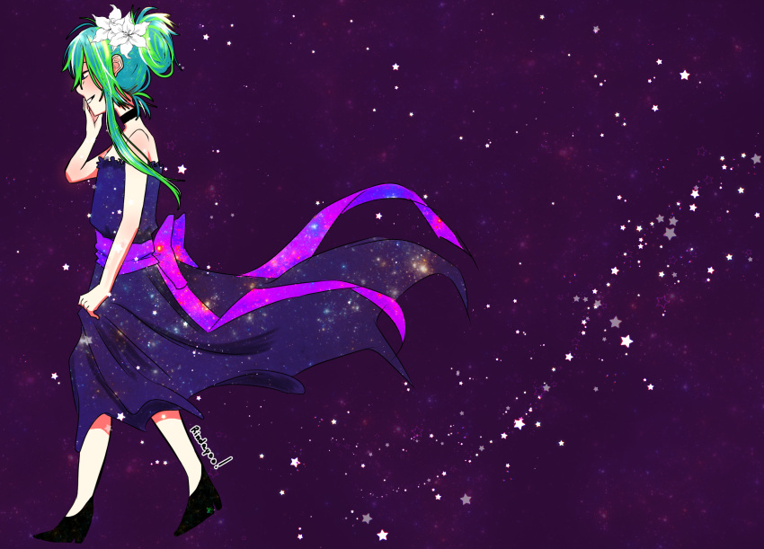black_footwear choker dress earth-chan flower hair_flower hair_ornament hand_on_own_face highres lily_(flower) long_hair multicolored_hair navy_blue_dress purple_ribbon ribbon rinday00 slender smile solo star starry_background strapless strapless_dress two-tone_hair walking