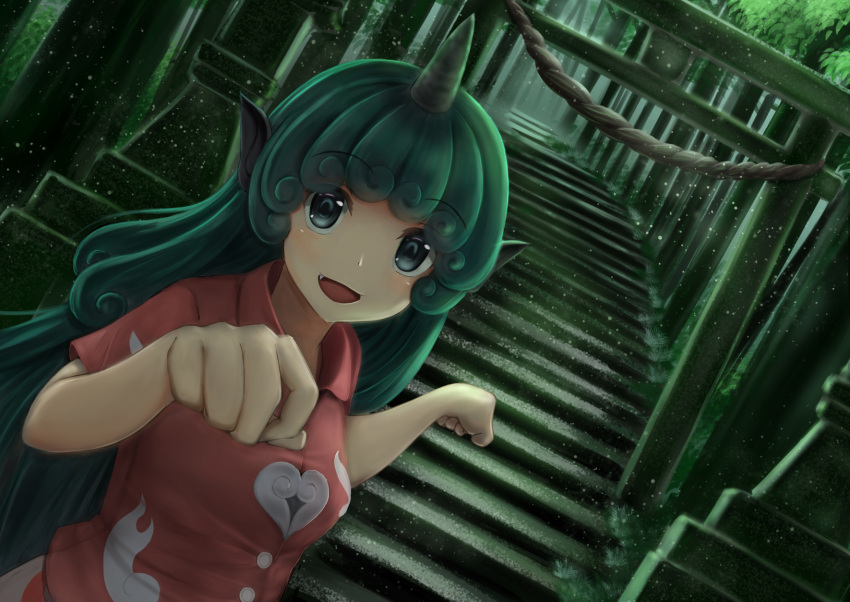 1girl breasts commentary_request dutch_angle eyebrows_visible_through_hair fang forest green_eyes green_hair highres kariyushi_shirt komano_aun light_particles long_hair looking_at_viewer luke_(kyeftss) nature open_mouth outdoors paw_pose rope shimenawa small_breasts solo stairs stone_lantern stone_stairs torii touhou upper_body very_long_hair wing_collar