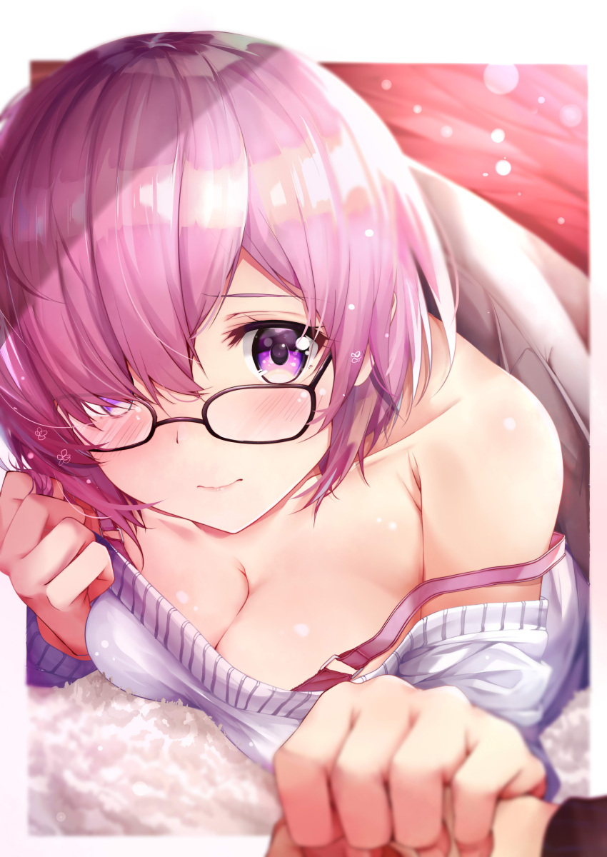 1girl absurdres black-framed_eyewear blanket blurry blurry_foreground blush bra_strap breast_press breasts casual cleavage closed_mouth collarbone commentary_request depth_of_field fate/grand_order fate_(series) glasses hair_over_one_eye hand_holding hands highres lips looking_at_viewer lying mash_kyrielight medium_breasts off-shoulder_sweater on_stomach out_of_frame pink_hair pov pov_hands revision rouka_(akatyann) shiny shiny_hair short_hair smile solo_focus strap_slip sweater tareme under_covers upper_body violet_eyes white_sweater