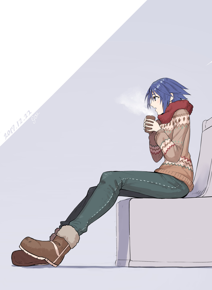 1girl 2017 absurdres alternate_costume aqua_(kingdom_hearts) blue_eyes blue_hair boots brown_footwear brown_sweater cup dated from_side full_body gogo_(detteiu_de) highres holding kingdom_hearts kingdom_hearts_birth_by_sleep long_sleeves open_mouth pants red_scarf scarf signature sitting solo steam sweater