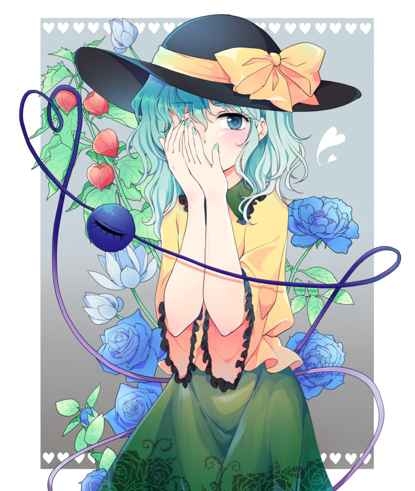 1girl blue_eyes blue_flower blue_hair blue_nails blue_rose covering_mouth covering_one_eye cowboy_shot eyebrows_visible_through_hair floral_print flower flower_request frilled_sleeves frills green_skirt grey_background hair_between_eyes hands_on_own_face hands_together hat hat_ribbon heart heart_of_string highres komeiji_koishi leaf long_sleeves looking_at_viewer maruta_(shummylass) medium_hair nail_polish ribbon rose rose_print shirt simple_background skirt solo third_eye touhou water_lily_flower yellow_shirt
