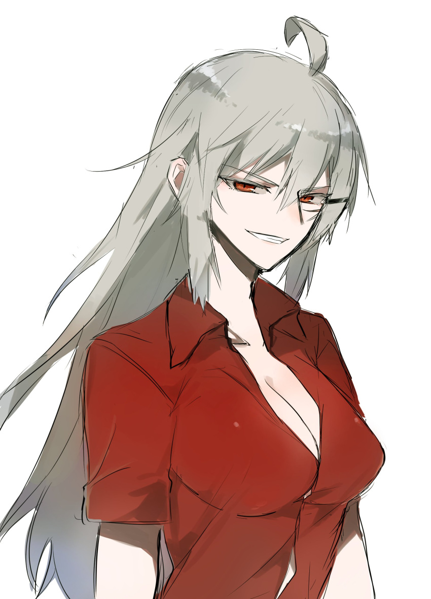 1girl absurdres agtt25333 breasts eyebrows_visible_through_hair facial_scar gangut_(kantai_collection) grey_hair hair_between_eyes highres kantai_collection large_breasts long_hair looking_at_viewer open_clothes red_eyes red_shirt remodel_(kantai_collection) scar scar_on_cheek shirt simple_background small_breasts solo twitter_username