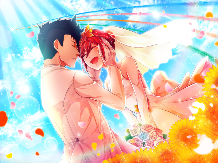 1boy 1girl acotamago black_hair bouquet bridal_veil bride closed_eyes couple dress elbow_gloves flower formal gloves good_end hair_flower hair_ornament hetero husband_and_wife kaname_buccaneer macross macross_delta messer_ihlefeld mohawk petals redhead rose short_hair smile suit sunflower tuxedo veil wedding wedding_dress white_dress white_gloves