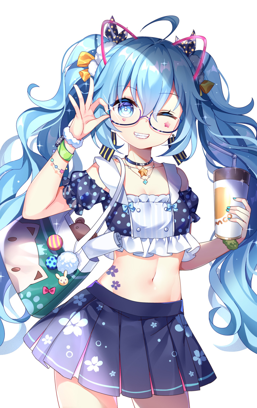 1girl ;d absurdres ahoge arm_up bag bangs bendy_straw black_ribbon black_shirt black_skirt blue_background blue_eyes blue_hair blue_nails chain-link_fence chuor_(chuochuoi) coffee_cup collarbone crop_top cup disposable_cup drinking_straw eyebrows_visible_through_hair facial_mark fence fingernails glasses glint green_scrunchie grin hair_between_eyes hair_ribbon hatsune_miku heart highres holding holding_cup looking_at_viewer midriff nail_polish navel ok_sign one_eye_closed open_mouth pleated_skirt polka_dot polka_dot_ribbon polka_dot_shirt puffy_short_sleeves puffy_sleeves purple-framed_eyewear ribbon scrunchie semi-rimless_eyewear shirt shopping_bag short_sleeves skirt smile solo star stuffed_animal stuffed_toy summer teddy_bear under-rim_eyewear vocaloid watch watch white_scrunchie wrist_scrunchie