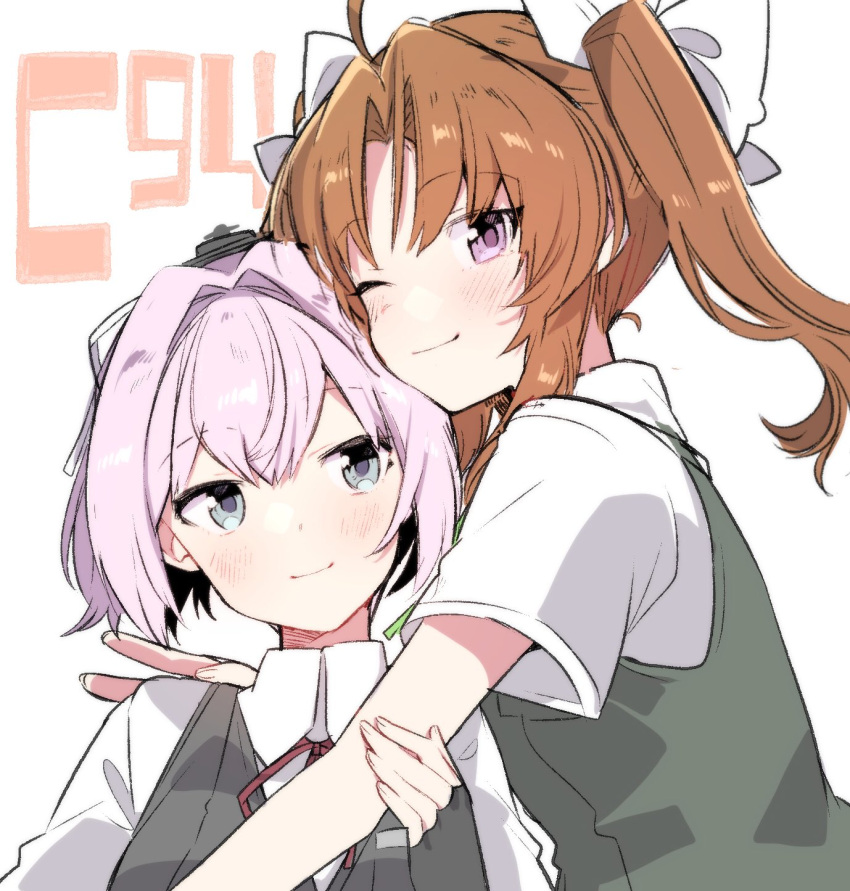 2girls ahoge blue_eyes brown_hair commentary_request dress_shirt green_ribbon grey_vest hair_ribbon highres hug kagerou_(kantai_collection) kantai_collection looking_at_viewer multiple_girls neck_ribbon pink_hair red_ribbon remodel_(kantai_collection) ribbon school_uniform shiranui_(kantai_collection) shirt short_ponytail short_sleeves skirt takeshima_(nia) twintails upper_body vest white_ribbon white_shirt