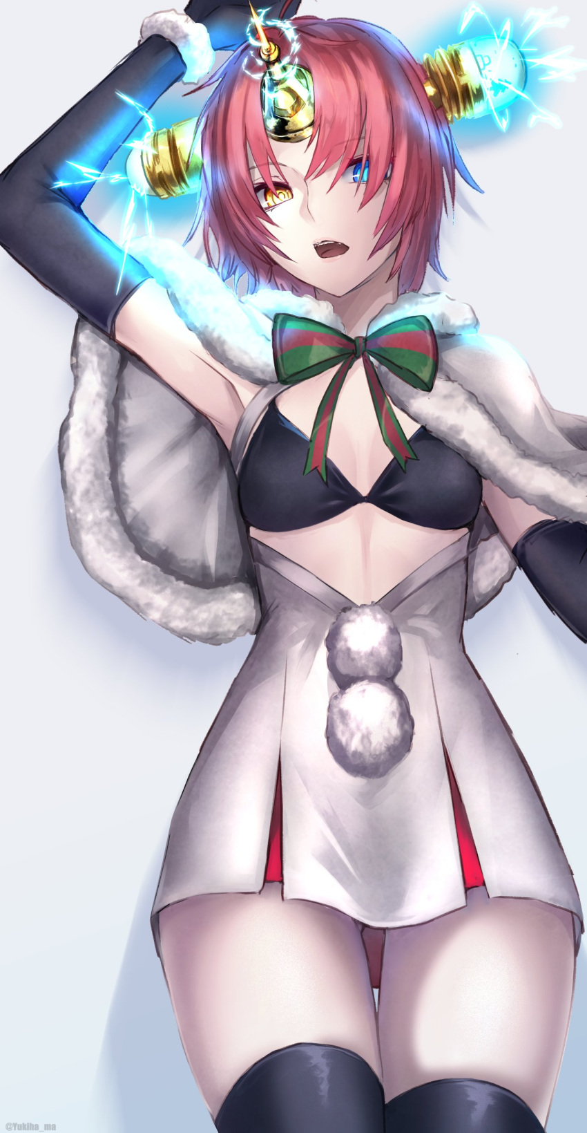 1girl absurdres armpits bangs black_bikini_top black_gloves black_legwear blue_eyes bow breasts capelet cosplay dress elbow_gloves fate/apocrypha fate/grand_order fate_(series) frankenstein's_monster_(fate) fur-trimmed_capelet fur-trimmed_gloves fur_trim gloves green_bow headgear heterochromia highres horn jeanne_d'arc_(fate)_(all) jeanne_d'arc_alter_santa_lily jeanne_d'arc_alter_santa_lily_(cosplay) looking_at_viewer open_mouth parted_bangs pink_hair short_hair small_breasts standing striped striped_bow thigh-highs white_capelet white_dress yellow_eyes yukihama