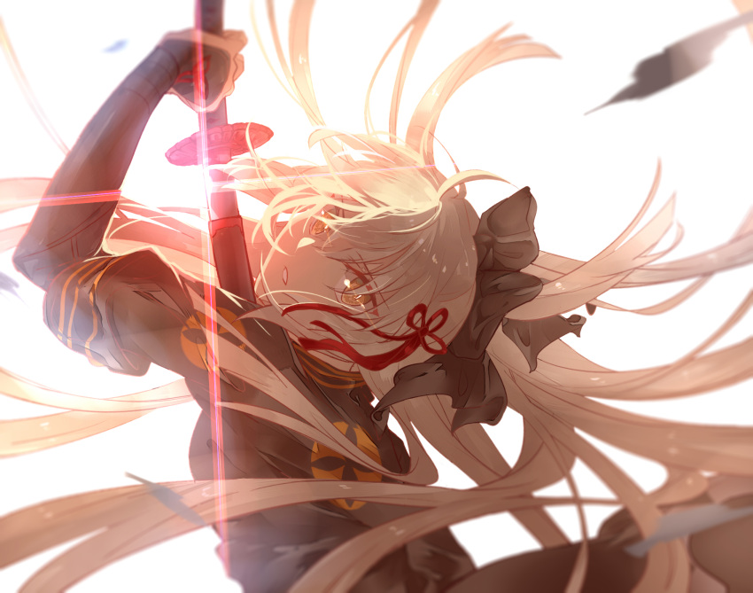 1girl ahoge arm_guards bangs black_bow blurry bow breasts commentary commentary_request fate/grand_order fate_(series) floating_hair from_side hair_bow helgaokita highres holding holding_sword holding_weapon katana koha-ace left-handed light long_hair looking_at_viewer medium_breasts okita_souji_(fate) okita_souji_alter_(fate) parted_lips partial_commentary sheath sheathed short_sleeves simple_background solo sword tassel twisted_neck weapon white_background white_hair yellow_eyes
