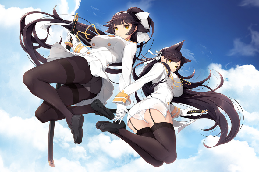 2girls animal_ears atago_(azur_lane) azur_lane blue_sky bow breasts brown_hair brown_legwear cat_ears clouds commentary_request day garter_straps hair_bow hand_holding holding holding_sword holding_weapon jacket katana koflif large_breasts long_hair military_jacket multiple_girls outdoors panties panties_under_pantyhose pantyhose pencil_skirt pleated_skirt ribbon sheath sheathed skirt sky sword takao_(azur_lane) thigh-highs thighband_pantyhose underwear very_long_hair weapon white_bow white_jacket white_panties white_ribbon white_skirt