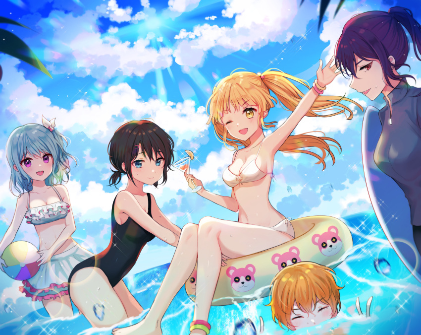 5girls ;d alternate_hairstyle arm_up ball bang_dream! bangle beachball bikini bikini_skirt black_swimsuit blonde_hair blue_eyes blue_hair bracelet breasts character_print cleavage closed_eyes clouds cloudy_sky cocktail_glass collarbone cup drinking_glass food frilled_bikini frills fruit hair_ornament hair_ribbon hairclip hello_happy_world! highres innertube jewelry kitazawa_hagumi lemon lens_flare long_hair looking_at_viewer matsubara_kanon medium_breasts michelle_(bang_dream!) multiple_girls ocean okusawa_misaki one-piece_swimsuit one_eye_closed one_side_up open_mouth orange_hair outdoors ponytail purple_hair rash_guard red_eyes ribbon seta_kaoru short_hair short_twintails sky small_breasts smile sparkle surfboard swimming swimsuit tokkyu_(user_mwwe3558) tsurumaki_kokoro twintails violet_eyes wading water water_drop white_bikini yellow_eyes