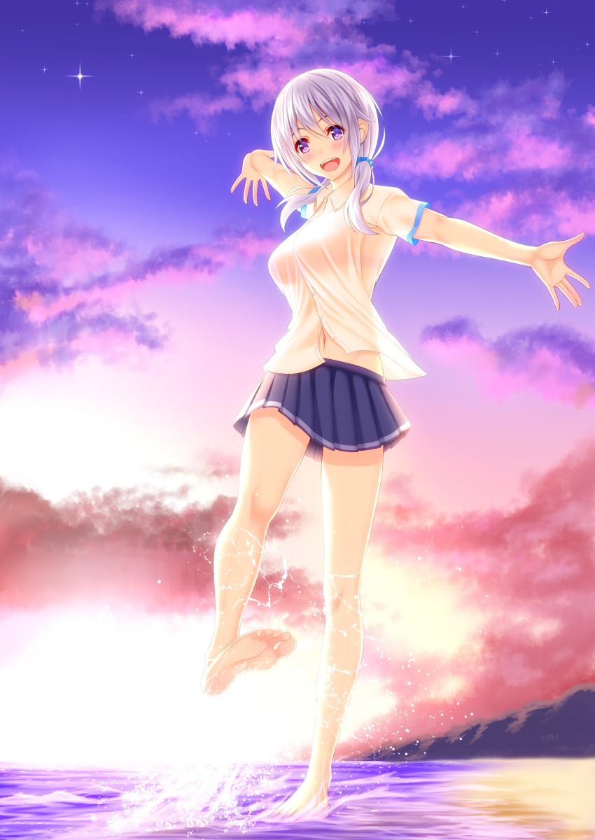 1girl absurdres bare_legs barefoot beach blush clouds feet highres long_hair ocean open_mouth original outstretched_arms pleated_skirt purple_hair sand see-through shirouzu_myuuta skirt soles solo splashing star_(sky) toes twilight twintails violet_eyes water