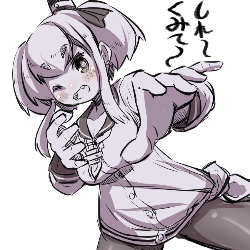 1girl ;d anchor bangs blush breasts brown_eyes dress dutch_angle eyebrows_visible_through_hair fang greyscale hair_ribbon hat highres kantai_collection long_hair long_sleeves looking_at_viewer medium_breasts mini_hat monochrome neckerchief one_eye_closed open_mouth pantyhose ribbon sailor_collar sailor_dress short_twintails sidelocks simple_background smile solo standing thick_eyebrows tokitsukaze_(kantai_collection) translation_request twintails u-non_(annon'an) v-shaped_eyebrows white_background