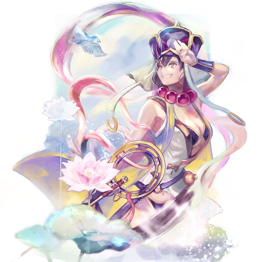 1girl arm_up bead_necklace beads bikini bird bow breasts cleavage commentary_request earrings fate/grand_order fate_(series) flower flying gourd grin hair_between_eyes hat highres holding holding_staff hoop_earrings jewelry large_breasts lotus namaashi_(user_fuga4235) necklace pink_flower pixiv_fate/grand_order_contest_2 prayer_beads purple_bikini ring smile staff swimsuit white_background xuanzang_(fate/grand_order)