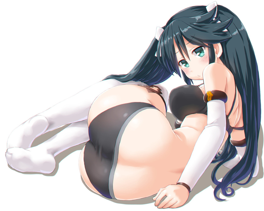 1girl aqua_eyes ass black_bra black_hair black_panties blush bra breasts commentary_request dd_(ijigendd) detached_sleeves eyebrows_visible_through_hair from_behind hair_ribbon highres isuzu_(kantai_collection) kantai_collection large_breasts long_hair looking_at_viewer looking_back lying no_shoes on_side panties pout ribbon simple_background solo thigh-highs twintails underwear underwear_only very_long_hair white_background white_legwear