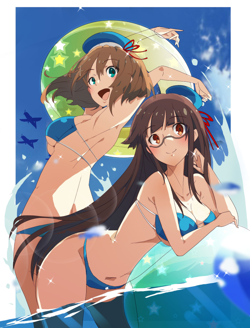 2girls :d aircraft airplane alternate_costume arms_up ass ball bangs beachball bent_over bikini black_hair blue_bikini blue_eyes blue_sky blush breasts brown_hair choukai_(kantai_collection) cleavage clouds collarbone day eyebrows_visible_through_hair glasses hair_ornament hat highres in_water kantai_collection large_breasts long_hair looking_at_viewer maya_(kantai_collection) meriken0111 multiple_girls navel open_mouth outdoors red_eyes remodel_(kantai_collection) rimless_eyewear short_hair sidelocks sky smile sparkle stomach swimsuit thighs x_hair_ornament