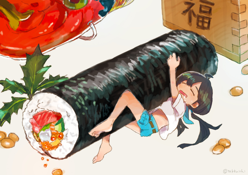 1girl absurdres ahoge barefoot belt black_hair blue_shorts closed_eyes commentary_request food food_request highres low_twintails minigirl original saliva shirt short_shorts short_sleeves shorts sleeping sushi takaichi_(tkch) twintails twitter_username white_shirt