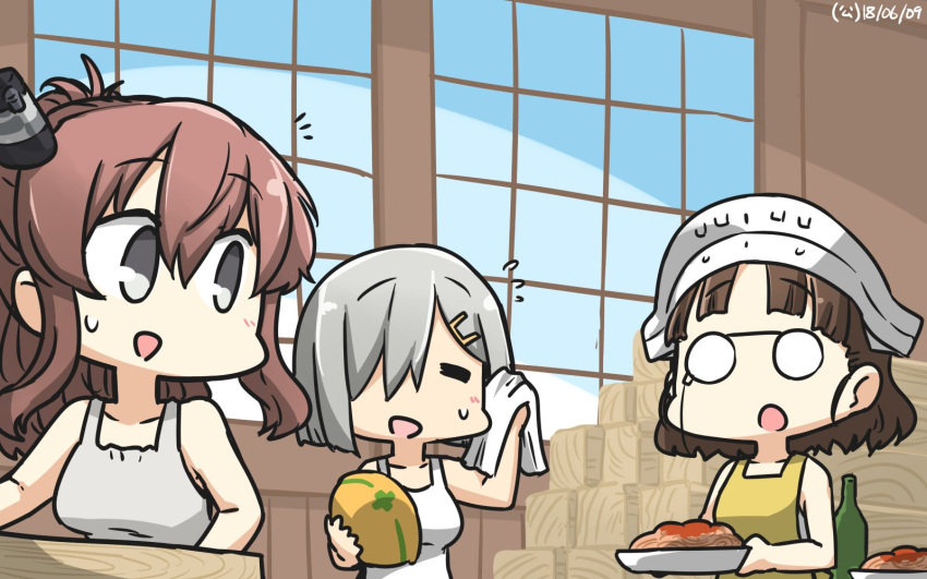 3girls =_= bangs blue_eyes blunt_bangs bottle brown_hair commentary_request food glasses hair_between_eyes hair_over_one_eye hamakaze_(kantai_collection) hamu_koutarou hardhat headdress helmet highres kantai_collection multiple_girls pasta pince-nez ponytail roma_(kantai_collection) saratoga_(kantai_collection) short_hair side_ponytail sidelocks silver_hair spaghetti upper_body wavy_hair window wood