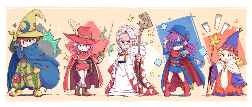 2boys 3girls alternate_costume belt beret black_mage blonde_hair blue_mage boots brown_hair butz_klauser cape chibi cloak facial_hair faris_scherwiz final_fantasy final_fantasy_v galuf_halm_baldesion grey_hair hair_over_one_eye hat hat_feather highres hood krile_mayer_baldesion lenna_charlotte_tycoon looking_at_viewer mask multiple_boys multiple_girls mustache pants pink_hair pose purple_hair rapier red_mage rod sage_(final_fantasy) scabbard serious sheath short_hair shouta_(shbz) smile staff striped striped_pants sword weapon white_mage wizard_hat