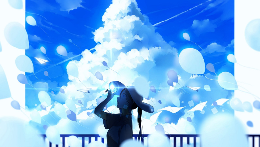 1girl :o balloon blue_eyes blue_sky blurry blurry_foreground brown_hair clouds cloudy_sky commentary_request condensation_trail depth_of_field from_side glint hand_up hat long_hair open_mouth original paper_airplane railing short_sleeves sky sogawa solo twintails wide_sleeves