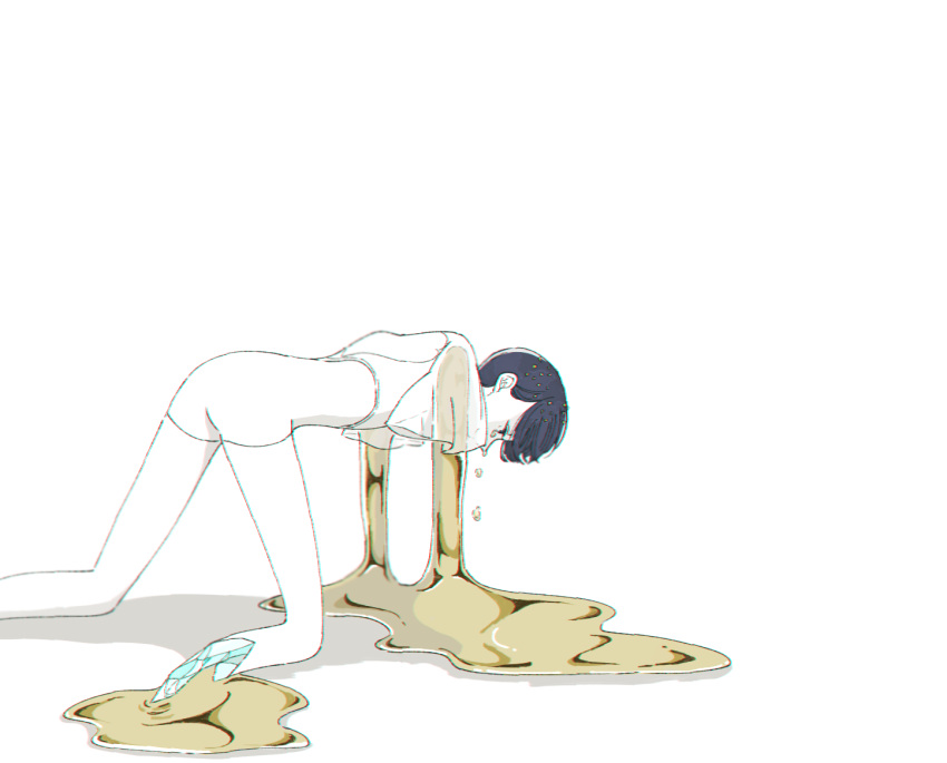1other androgynous bangs blue_eyes blue_hair blunt_bangs broken crying crying_with_eyes_open gem gold golden_arms houseki_no_kuni kneeling melting missing_limb phosphophyllite phosphophyllite_(ll) sad see-through short_hair solo spoilers tears white_background