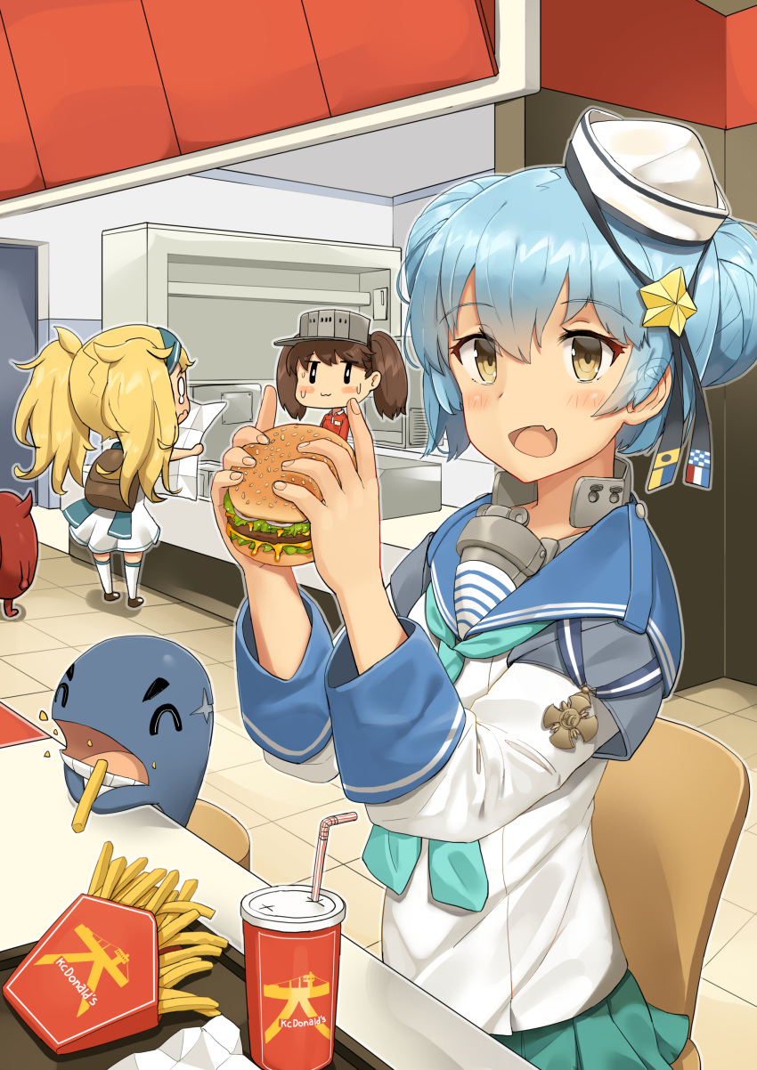 3girls absurdres aqua_neckwear blonde_hair blue_hair blue_sailor_collar chair cup dixie_cup_hat double_bun drinking_straw eating enemy_lifebuoy_(kantai_collection) food french_fries gambier_bay_(kantai_collection) hamburger hat highres holding holding_food kantai_collection long_sleeves map_(object) military_hat multiple_girls neckerchief open_mouth ryuujou_(kantai_collection) safe sailor_collar samuel_b._roberts_(kantai_collection) school_uniform shirt short_hair sitting soushou_nin table tearing_up twintails visor_cap whale white_hat white_shirt yellow_eyes