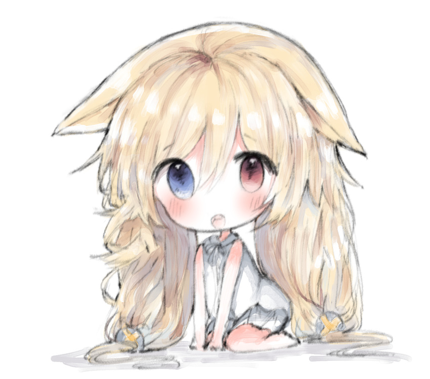 1girl animal_ears bangs bare_arms bare_shoulders barefoot blonde_hair blue_eyes blush cat_ears chibi cottontailtokki ears_down eyebrows_visible_through_hair g41_(girls_frontline) girls_frontline hair_between_eyes hair_ornament heterochromia long_hair low_twintails pleated_skirt red_eyes shirt sitting skirt sleeveless sleeveless_shirt solo twintails very_long_hair wariza white_background white_shirt white_skirt