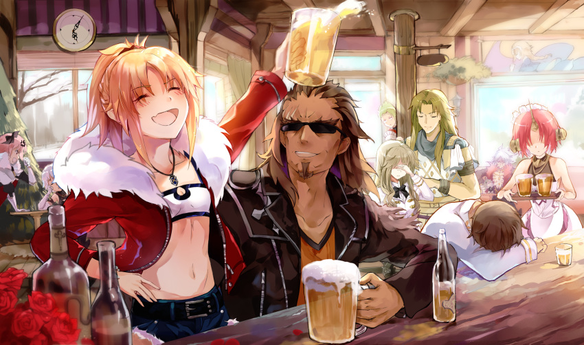 4girls 6+boys :d achilles_(fate) alcohol amicis_(amisic) astolfo_(fate) bar beer beer_bottle beer_mug blonde_hair breasts brown_hair caules_forvedge_yggdmillennia chiron_(fate) cleavage clock closed_eyes commentary covering_eyes english_commentary facial_hair fate/apocrypha fate_(series) fiore_forvedge_yggdmillennia flower frankenstein's_monster_(fate) fur-trimmed_jacket fur_trim goatee grey_hair hair_ornament hair_over_eyes hair_ribbon hand_on_hip highres horn jack_the_ripper_(fate/apocrypha) jacket karna_(fate) leather leather_jacket mordred_(fate) mordred_(fate)_(all) multiple_boys multiple_girls navel open_clothes open_jacket open_mouth pink_hair red_flower red_jacket red_rose ribbon rose scar scar_across_eye shishigou_kairi short_ponytail small_breasts smile strapless sunglasses table tray tubetop white_hair