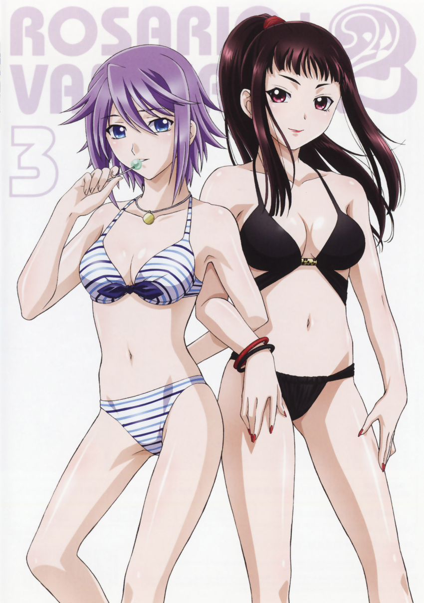 2girls bikini blue_eyes bracelet breasts brown_hair candy closed_mouth copyright_name cover dvd_cover food highres jewelry lipstick lollipop long_hair makeup medium_breasts midriff multiple_girls nail_polish navel official_art parted_lips pendant ponytail purple_hair red_eyes red_lipstick red_nails rosario+vampire shirayuki_mizore short_hair smile standing stomach swimsuit toujou_ruby