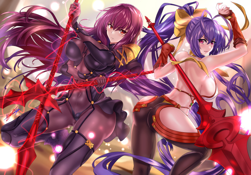 2girls absurdres antenna_hair ass backless_outfit black_pants blazblue:_cross_tag_battle bodysuit bow breasts commentary crossover fate/grand_order fate_(series) gae_bolg highres holding holding_weapon large_breasts long_hair lowleg lowleg_pants mai_natsume multiple_girls nez-kun outseal pants pauldrons polearm purple_bodysuit purple_hair red_eyes revealing_clothes scathach_(fate/grand_order) shoulder_armor sideboob skin_tight weapon yellow_bow