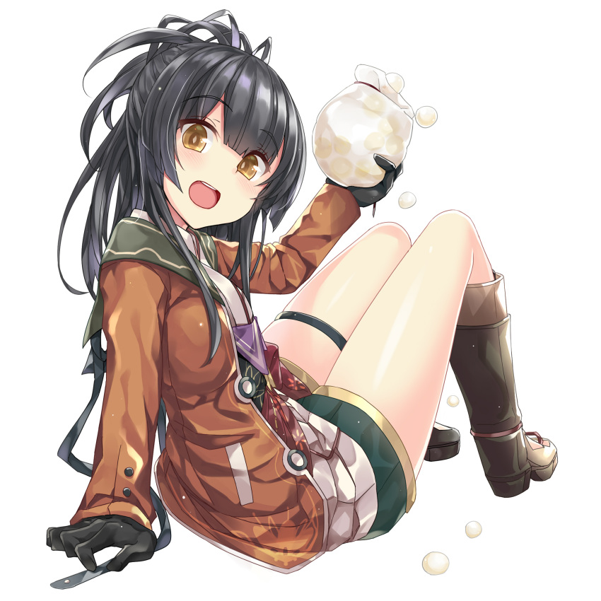 1girl :d arm_support bangs black_gloves black_hair black_legwear blush boots brown_eyes brown_jacket bulbonne character_request commentary_request eyebrows_visible_through_hair full_body gloves green_shorts grimms_notes hair_between_eyes head_tilt highres holding jacket knee_boots long_hair long_sleeves looking_at_viewer looking_to_the_side open_clothes open_jacket open_mouth round_teeth shirt short_shorts shorts simple_background sitting smile solo teeth thighs upper_teeth white_background white_shirt